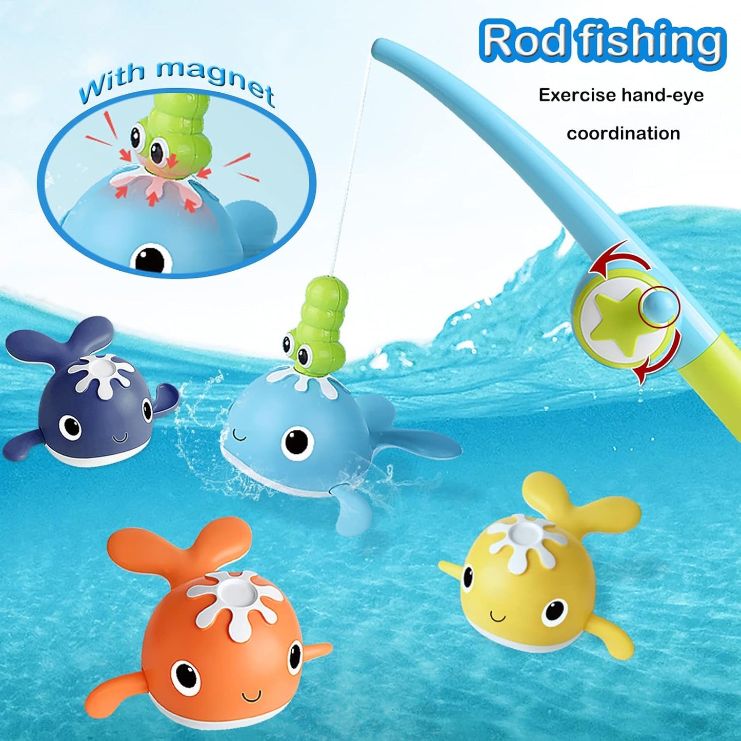 Baby Bath Toys,Magnet Fishing Game Bath Baby Toy for 1-3 4-8 Year Old Toddler Boys Girls,Toys for Kid,Baby Bathtub Toys 18 Months+,4 Wind-up Whale Water Shower Toy&1 Fishing Pole&1 Net