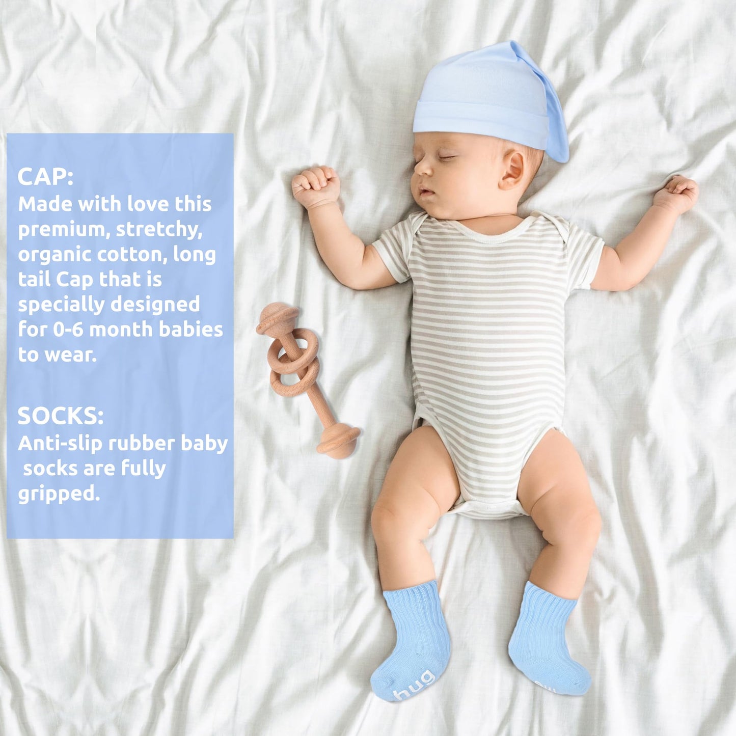 Newborn Baby Gift Set | Baby Gift Basket | Newborn Blanket, Wooden Teether, Security Blanket, Cap, Baby Bibs, Socks & Greeting Card (Blue)