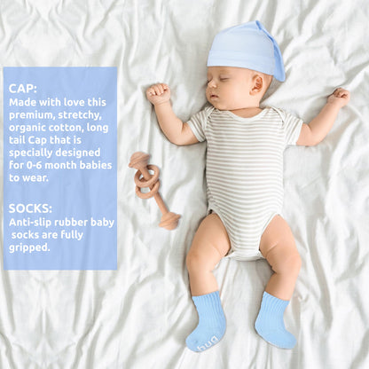 Newborn Baby Gift Set | Baby Gift Basket | Newborn Blanket, Wooden Teether, Security Blanket, Cap, Baby Bibs, Socks & Greeting Card (Blue)