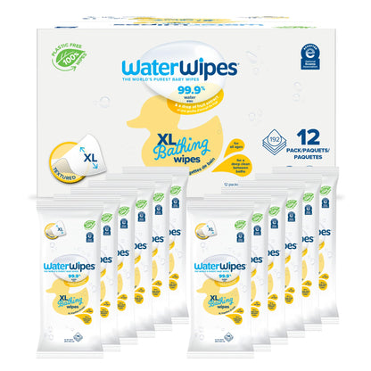 WaterWipes XL Bathing Wipes for Toddlers & Babies, 99.9% Water, 3-In-1 Cleans, Cares, Protects, Unscented & Hypoallergenic, 192 Count (12 Packs), Packaging May Vary