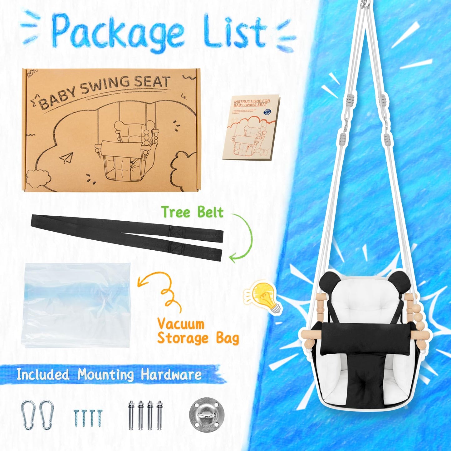 Baby Swing Indoor Outdoor,Secure Canvas Wooden Toddler Swing Seat, 3-Point Adjustable Safety Harness,Mounting Hardware Included,Gift for Boys and Girls,White