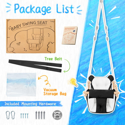 Baby Swing Indoor Outdoor,Secure Canvas Wooden Toddler Swing Seat, 3-Point Adjustable Safety Harness,Mounting Hardware Included,Gift for Boys and Girls,White