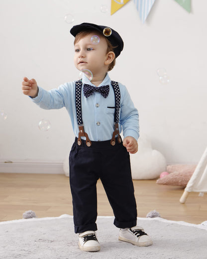 ZOEREA Baby Boy Suit 0-24M Gentleman Outfit Clothes Set Infant Long Sleeve Dress Shirt+Suspender Pants+Bowtie+Beret Hat