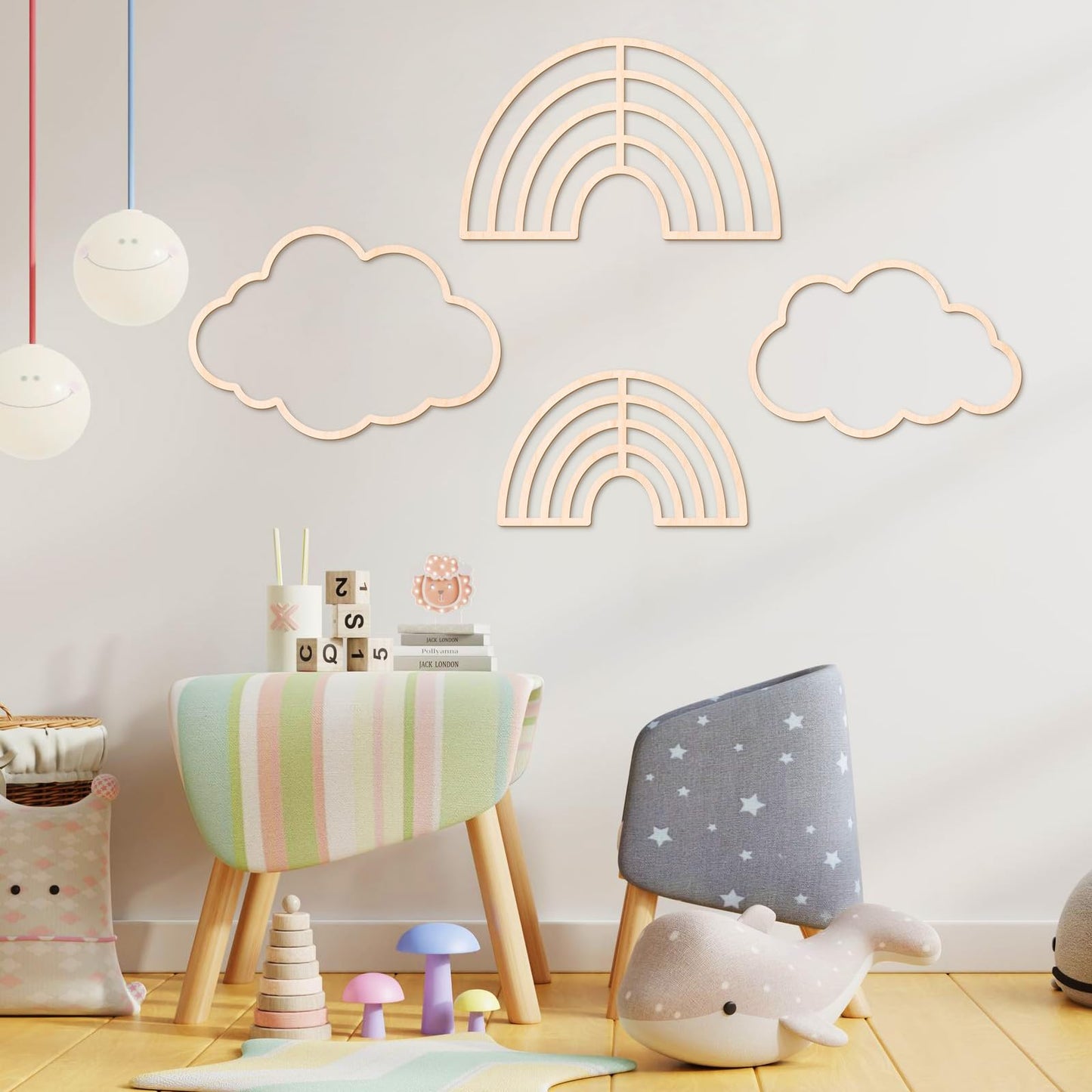 Kathfly4 Pieces Boho Nursery Cloud Star Wall Decor Wooden Babyroom Moon Rattan Wall Decor Wooden Rainbow for Children Baby Kids Boys Girls Bedroom Nursery Pendant(Cloud Moon Star)