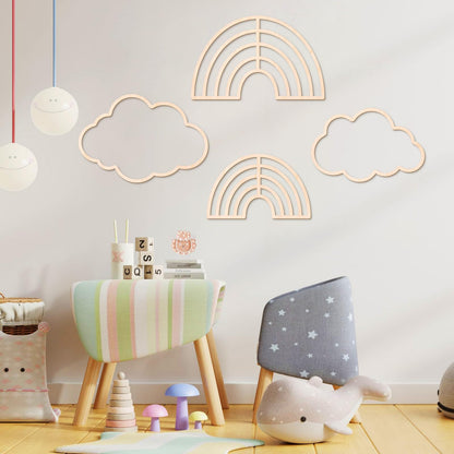 Kathfly4 Pieces Boho Nursery Cloud Star Wall Decor Wooden Babyroom Moon Rattan Wall Decor Wooden Rainbow for Children Baby Kids Boys Girls Bedroom Nursery Pendant(Cloud Moon Star)