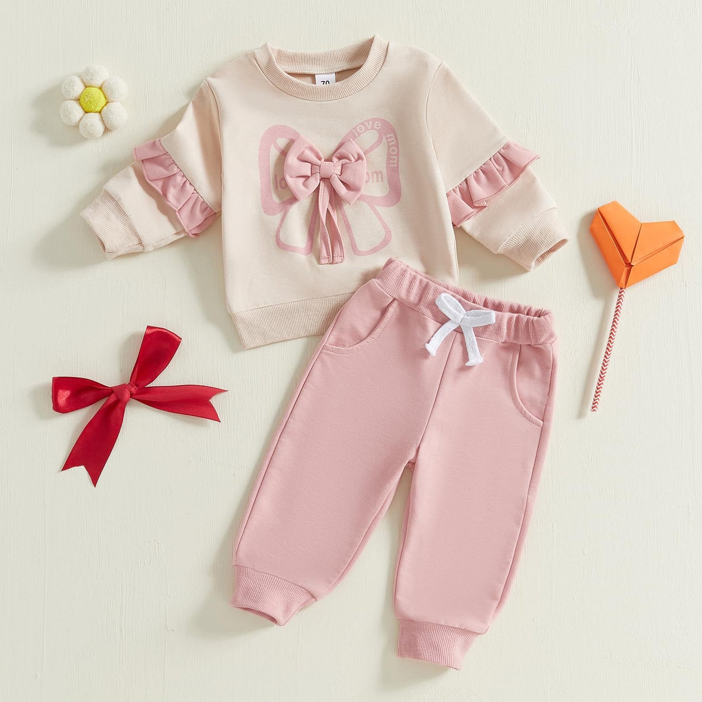 Toddler Baby Girl Clothes Fall Winter Spring 3D Bow Ruffle Long Sleeve Sweatshirt Jogger Pants Set Infant 2PCS Outfit
