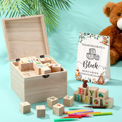 Marsui 136 Pcs Baby Shower Blocks to Decorate Game Kit Includes 98 Wooden Blocks, 36 Markers, 1 Game Sign, 1 Storage Box for Baby Shower Gender Reveal Activity Party Decorations(Pink Elephant)