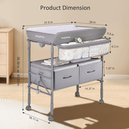 Baby Changing Table with Wheels, Maydolly Portable Foldable Changing Table, Waterproof Diaper Changing Station, Adjustable Height Changing Station, Mobile Nursery for Newborn and Infant (Grey)