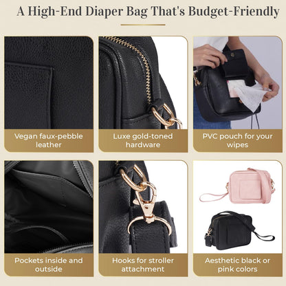Crossbody Diaper Bag Purse with Wipes Dispenser - Stylish Vegan Leather Baby Wipes Holder Clutch for Women - Multipurpose Luxury Diaper Bag Pouch Can Hold 20-30 Various Types of Wipes - Pink