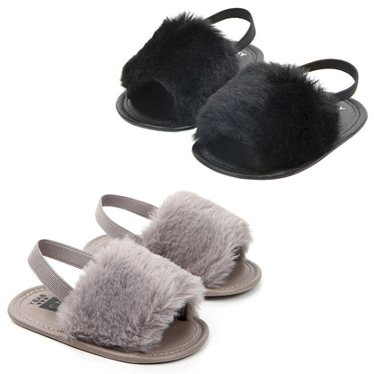 2 Pack Infant Baby Girls Sandals Elastic Back Strap Flats Slippers Soft Toddles Princess Shoes Faux Fur Slides Shoes First Walker House Shoes