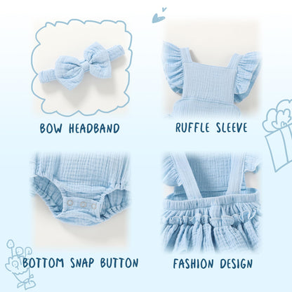 Happy Town Baby Girl Clothes Toddler Summer Linen Romper Sleeveless Ruffle Outfits Infant Girls Jumpsuit with Headband