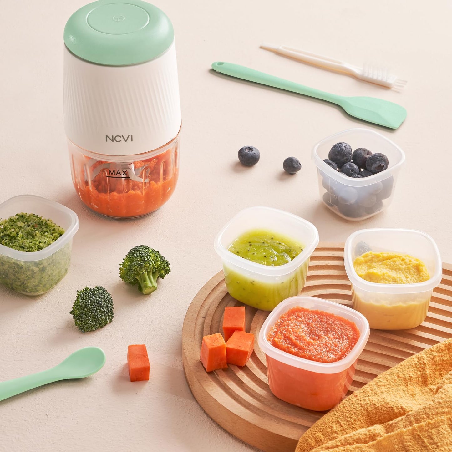 NCVI Puree Baby Food Processor Glass Set, Mini Infant Food Maker Blender Machine with 8 Blades and Grinding Disc, Small Blender for Baby Food Including Containers, Silicone Tray and Tableware