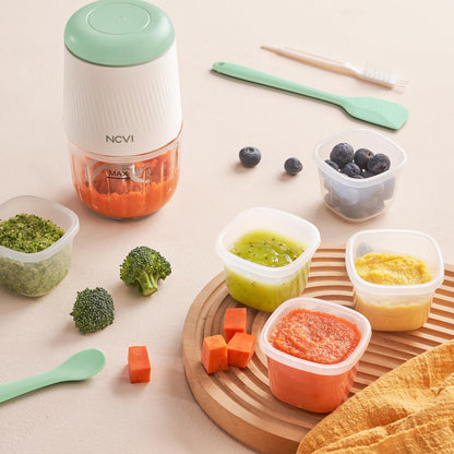 NCVI Puree Baby Food Processor Glass Set, Mini Infant Food Maker Blender Machine with 8 Blades and Grinding Disc, Small Blender for Baby Food Including Containers, Silicone Tray and Tableware