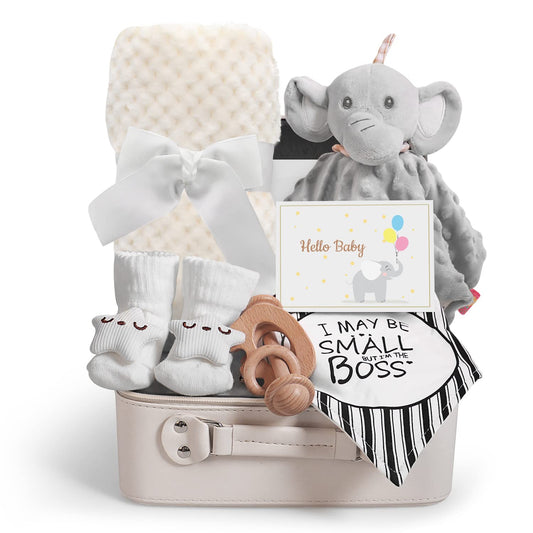 Baby Shower Gifts, Baby Boy Gift Basket Set Newborn Blanket Elephant Lovey Baby Security Blanket Wooden Rattle Toy, Funny Bibs Socks & Greeting Card, New Boys Baby Gift Essentials
