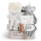 Baby Shower Gifts, Baby Boy Gift Basket Set Newborn Blanket Elephant Lovey Baby Security Blanket Wooden Rattle Toy, Funny Bibs Socks & Greeting Card, New Boys Baby Gift Essentials