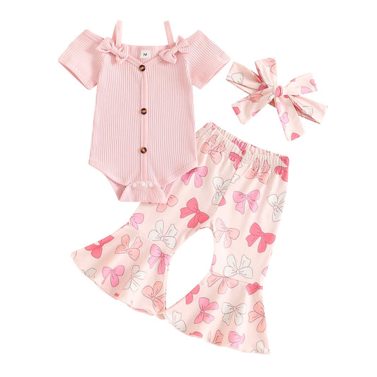Fernvia Infant Baby Girl Clothes Suspenders Short Sleeve Ribbed Romper Flared Pants Set Headband 3pcs Summer Outfit