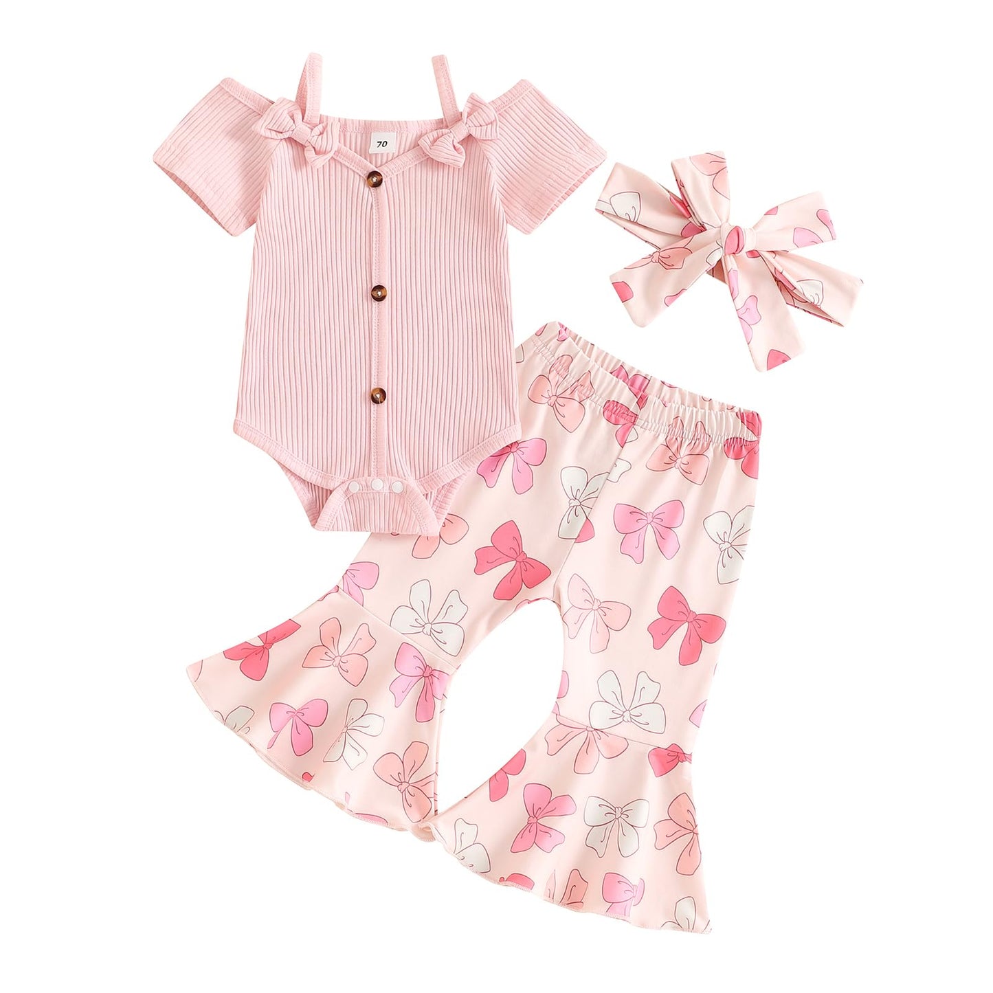 Fernvia Infant Baby Girl Clothes Suspenders Short Sleeve Ribbed Romper Flared Pants Set Headband 3pcs Summer Outfit
