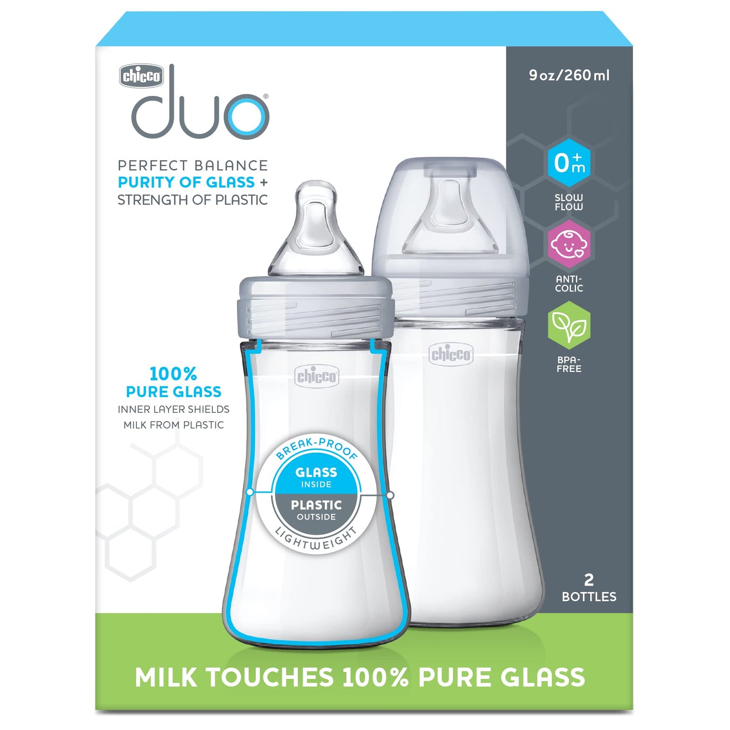 Chicco Duo 5oz. Hybrid Baby Bottle with Invinci-Glass Inside and Plastic Outside | Dishwasher, Bottle Warmer, and Electric Sterilizer Safe | Intui-Latch Nipple | Clear/Grey, 2pk