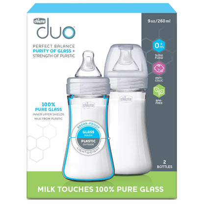 Chicco Duo 5oz. Hybrid Baby Bottle with Invinci-Glass Inside and Plastic Outside | Dishwasher, Bottle Warmer, and Electric Sterilizer Safe | Intui-Latch Nipple | Clear/Grey, 2pk
