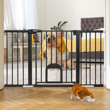 Babelio Upgraded Baby Gate with Cat Door, 29-43" Auto Close Durable Dog Gate for Stairs, Doorways and House, Easy Walk Thru Safety Gate with Pet Door Includes 4 Wall Cups, Black