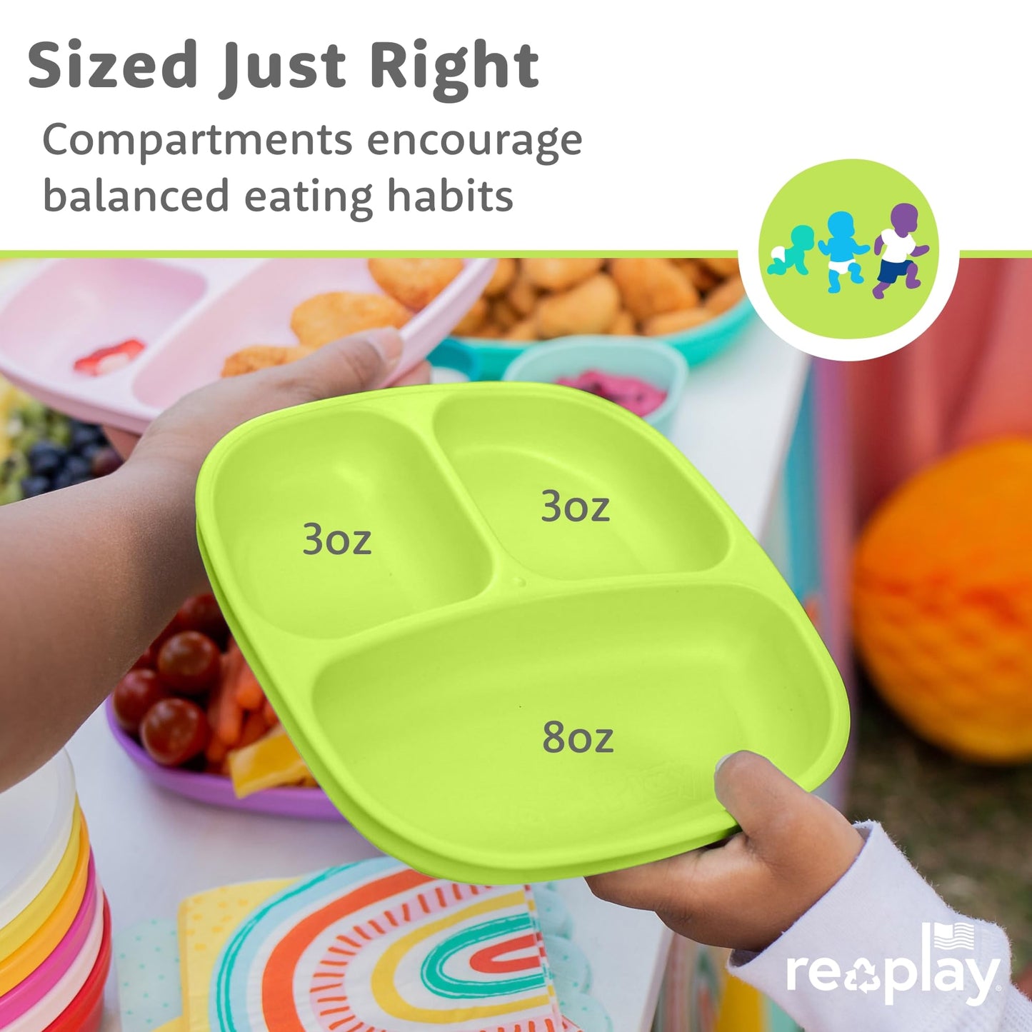 Re-Play Toddler Plates with Dividers - Deep-Walled 3 Compartments Divided Plates for Kids - Dishwasher & Microwave Safe - Made in USA - Set of 3-7.37" x 7.37" x 1.25" - Princess