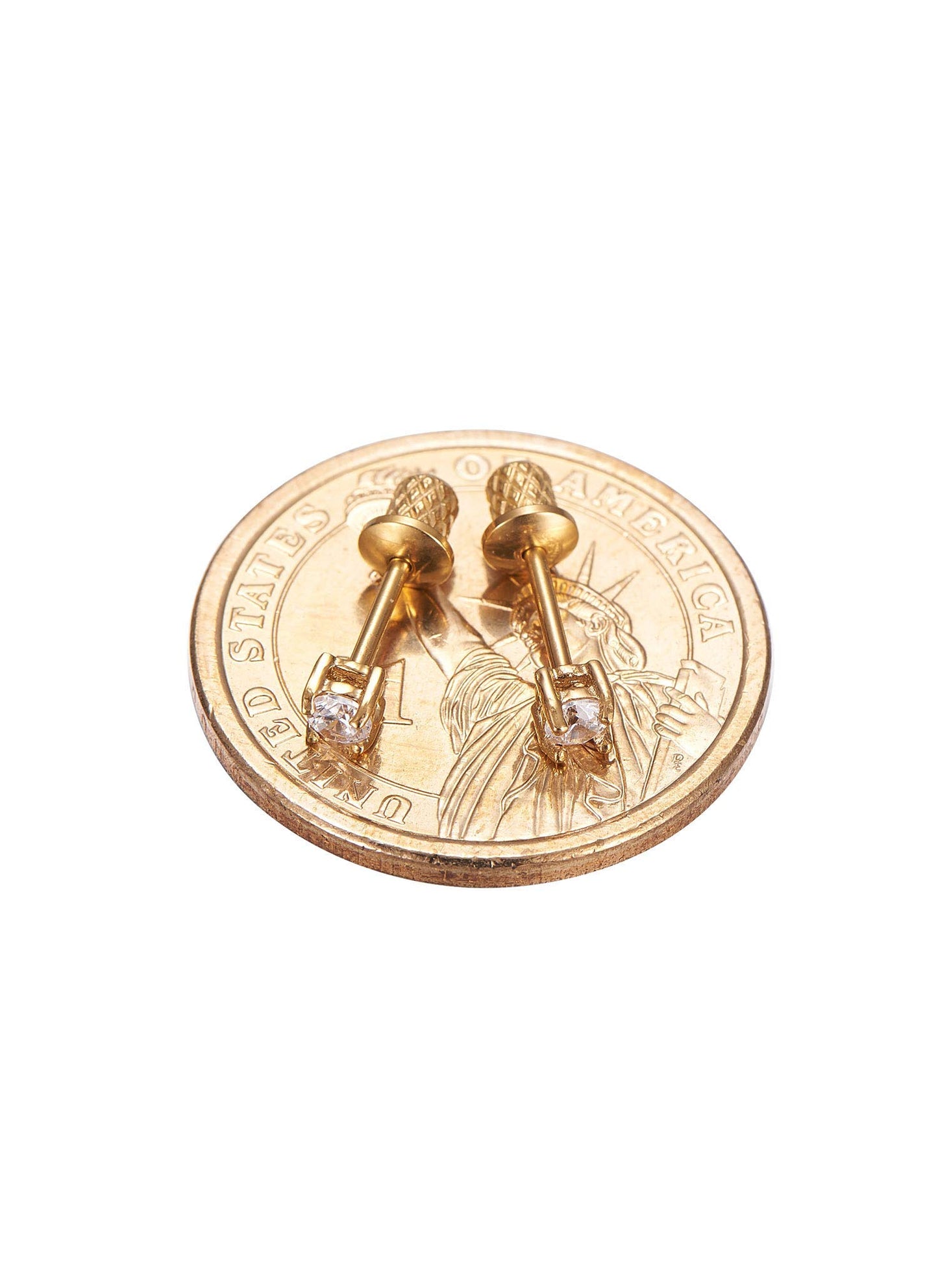 Earrings for Girls, 18k Yellow Gold Plated CZ Hypoallergenic Stud Earrings - Screw On Safety Backs, Stainless Steel Posts for Kids, Toddlers, Teens