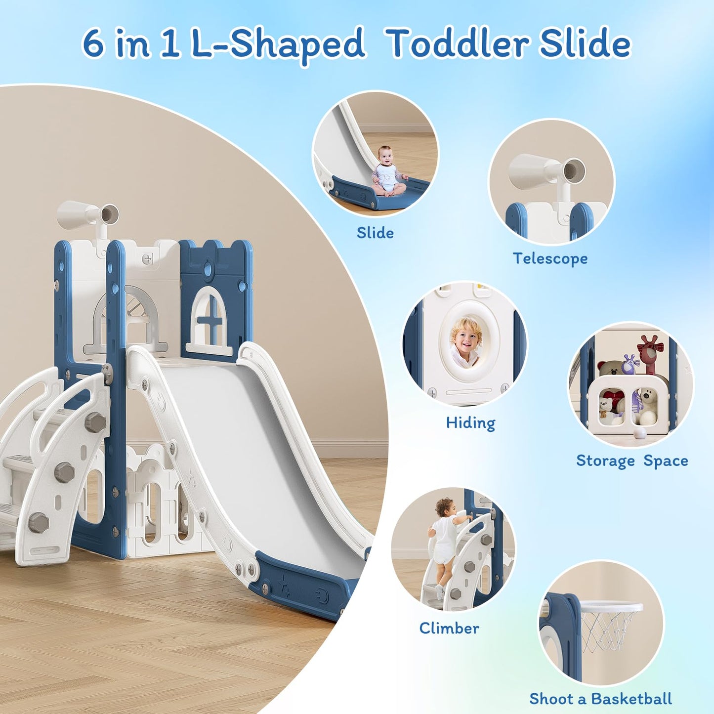 6 in 1 Toddler Slide for Toddler Age 1-3,Kids Climber Slider for Indoor Outdoor Playground with Basketball Hoop,Storage and Telescope,L Shaped Slide for Toddler Climber Playset