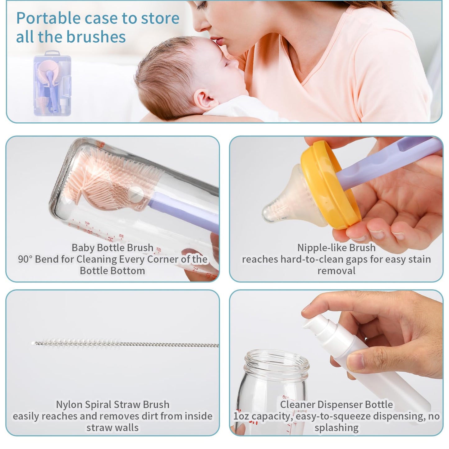 VOOWO Portable Bottle Cleaner Kit Travel Set, Silicone Baby Bottle Cleaner, Straw and Nipple Brush, Soap Dispenser (Purple)