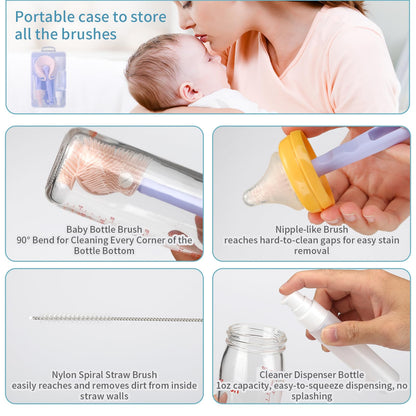 VOOWO Portable Bottle Cleaner Kit Travel Set, Silicone Baby Bottle Cleaner, Straw and Nipple Brush, Soap Dispenser (Purple)