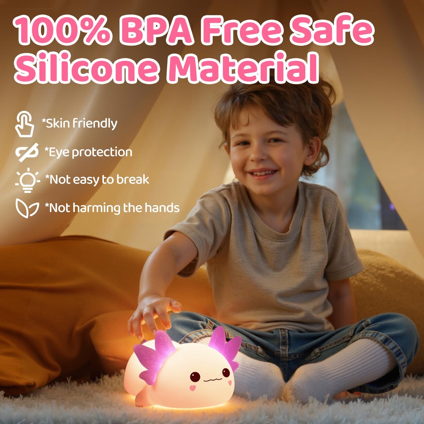 Huggwaii Squishy Axolotl Night Light for Kids – Dimmable Silicone Axolotl Lamp, 2025 Upgraded Baby Night Light, Rechargeable, 20H Battery Life, Sleep Aid Gift for Toddlers, Girls&Room Decor