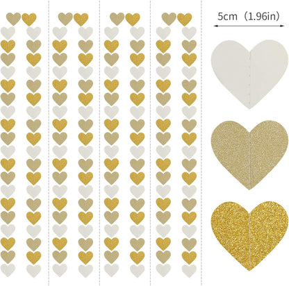 White-Gold Champagne Party-Decorations Heart Streamers Garland - 52Ft Christmas Wedding Engagement Hanging Paper Banner,Bachelorette Neutral Baby Bridal Shower Decor Banners Lasting Surprise