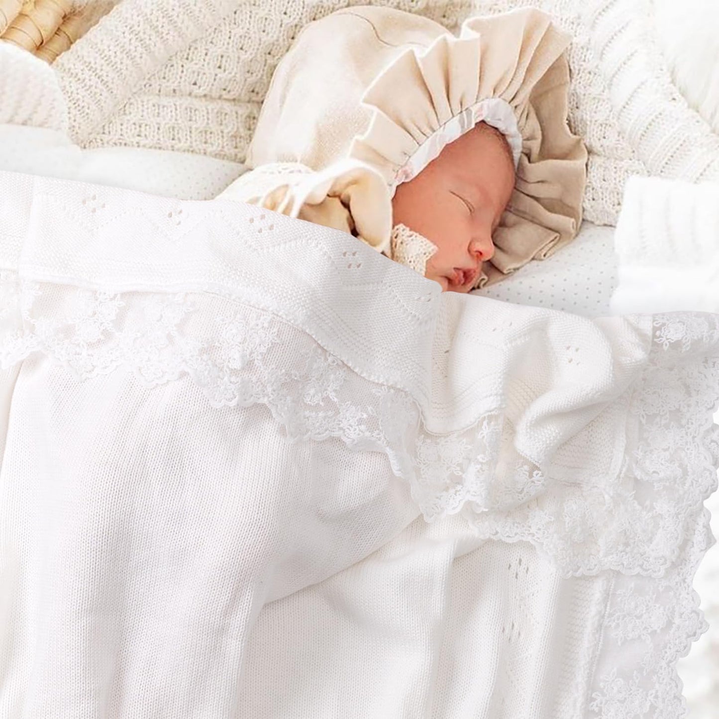 Booulfi Knit White Baby Blankets Neutral,Crib Stroller Newborn Blankets for Boys Girls,Cotton Lace Crochet Winter Blanket Nursery Blanket New Baby Essentials, 38X39