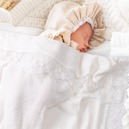 Booulfi Knit White Baby Blankets Neutral,Crib Stroller Newborn Blankets for Boys Girls,Cotton Lace Crochet Winter Blanket Nursery Blanket New Baby Essentials, 38X39