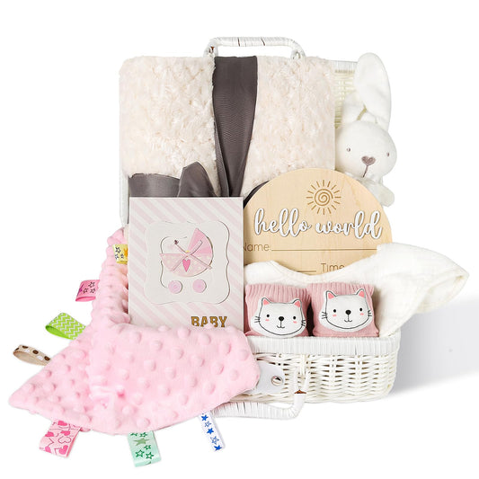 Baby Shower Gifts for Girls Unique Gift Basket 8 Pack - Baby Lovey Blanket Newborn Bibs Socks Rabbit Rattle Wooden Milestones Greeting Card Set, Newborn Baby Gift Set…
