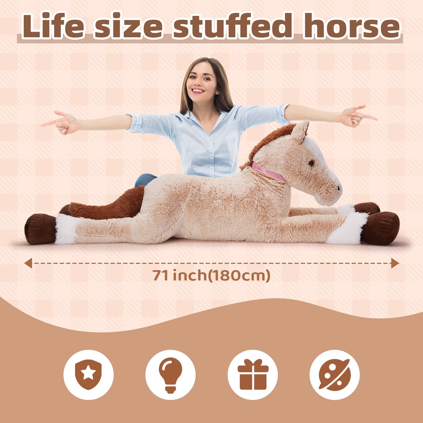 Tezituor 47 Inch Giant Horse Stuffed Animal, 4ft Realistic Chocolate Stuffed Horse Plush Toy, Hugging Soft Horse Pony Plush Pillow for Boys Girls,