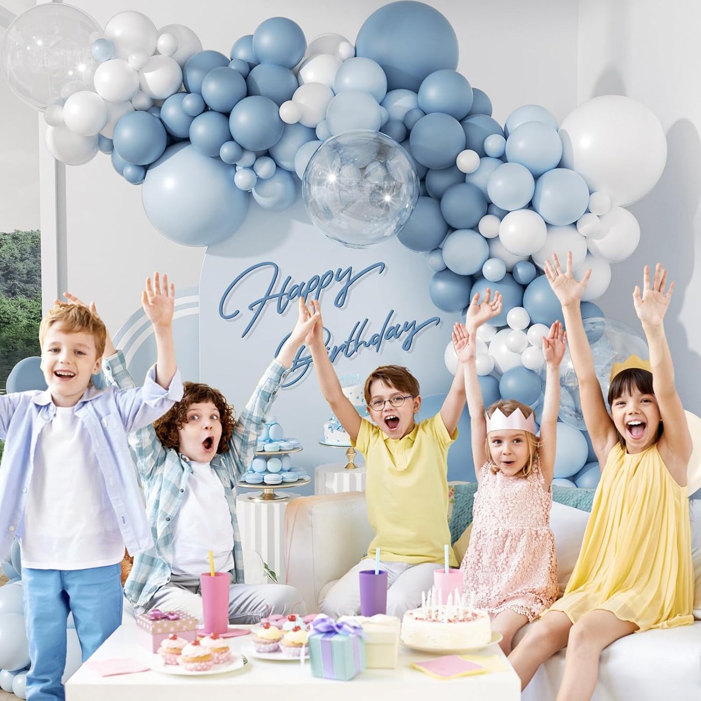 119pcs Dusty Blue Balloon Arch Garland Kit, Blue & White Balloon Arch Kit with Dusty Blue, Pastel Blue, White Clear Balloons for Bridal, Baby Shower Party Decorations