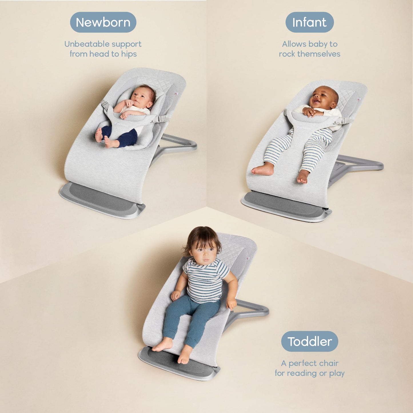 Ergobaby Evolve 3-in-1 Mesh Bouncer, Adjustable Multi Position Baby Bouncer Seat, Fits Newborn to Toddler, Grey Mesh