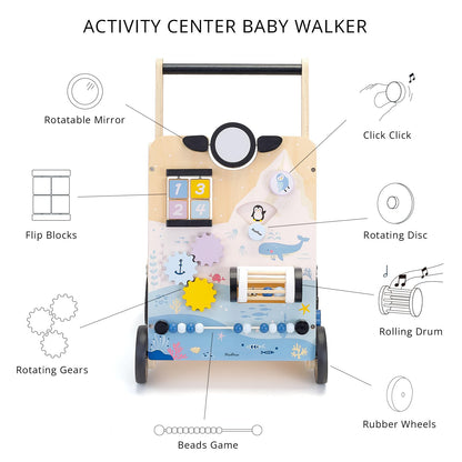 PairPear Wooden Baby Walker, Baby Push Walker, Montessori Walker Toy with Activity Center for Girls Boys, Adjustable Speed Baby Walker for Kids Development
