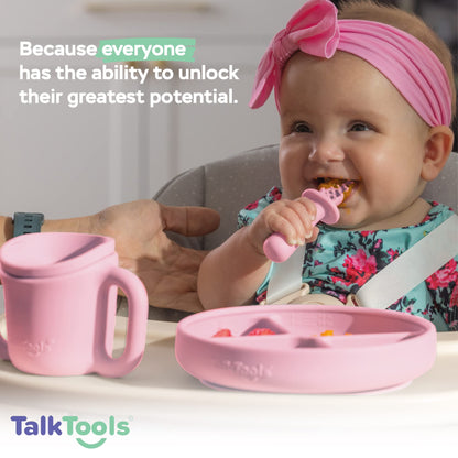 TalkTools ITSY Baby Utensil Set – Silicone Training Cup, Plate and Twin Spoon Pack for Toddlers| Infant First Food Self Feeding Silicone Training Set (Bubblegum)