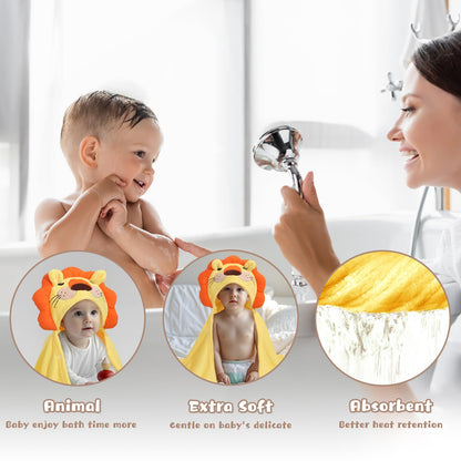 Hooded Baby Towels Boy for 0-6 Years, 50"x 32" Extra Large Toddler Bath Towels with Hood for Boys & Girls, 2-Pack Absorbent Thick Soft Gift for Kids Yellow Lion & Orange Monkey
