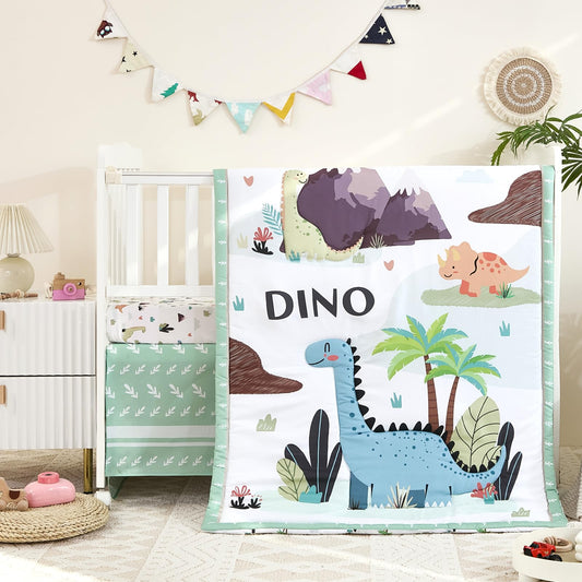 3-Piece Crib Sets for Boys - Ultra Soft Baby Boy Crib Bedding Set Includes Crib Comforter, Sheet & Skirt (Dinosaur)