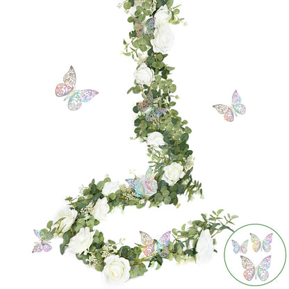 Yastouay 6.4 Ft Fuller Artificial Eucalyptus Garland with Champagne Flowers Fake Rose Vine for Table Centerpiece Wedding Baby Shower Party Room Backdrop Decor