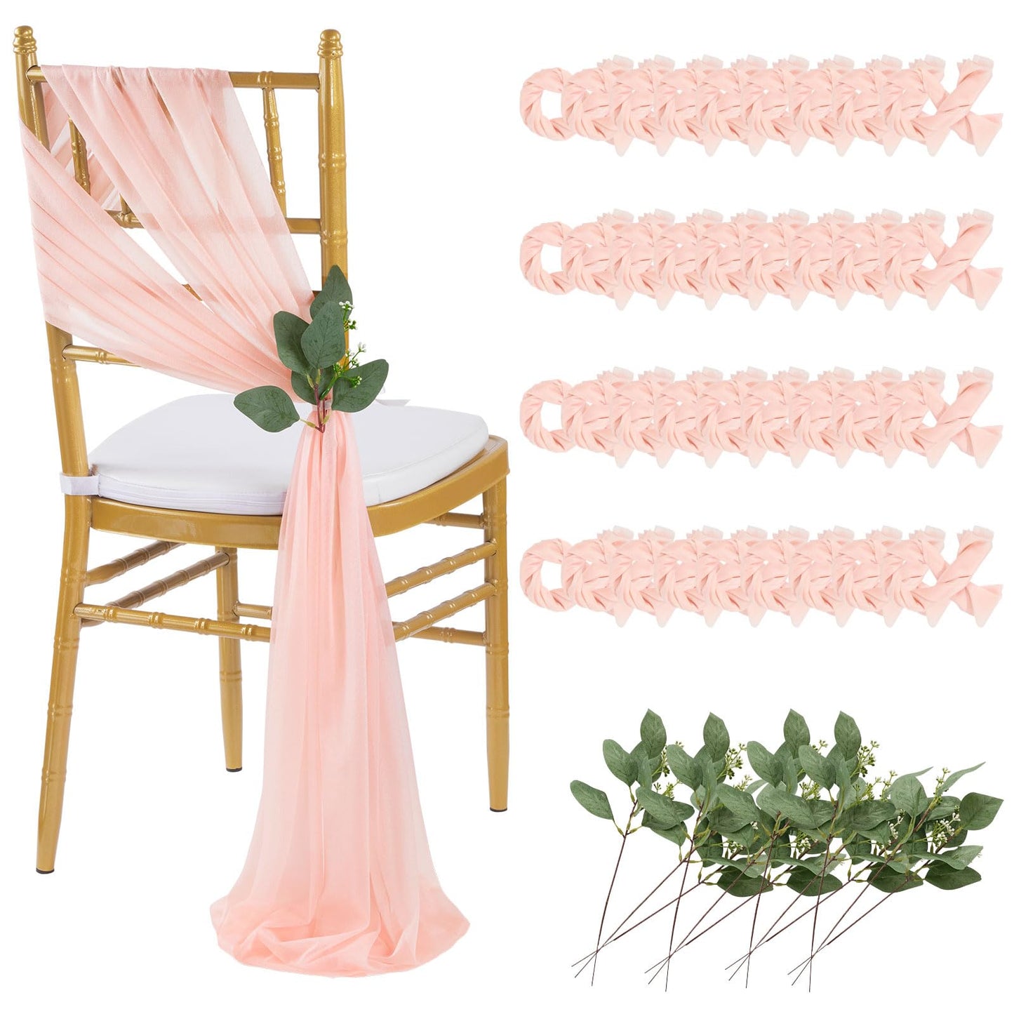 QueenDream Light Blue Sashes Chair Aisle Decorations: 24 Pack Baby Shower Chair Cover 8FT Long Tulle Draping Fabric Wedding Reception Church