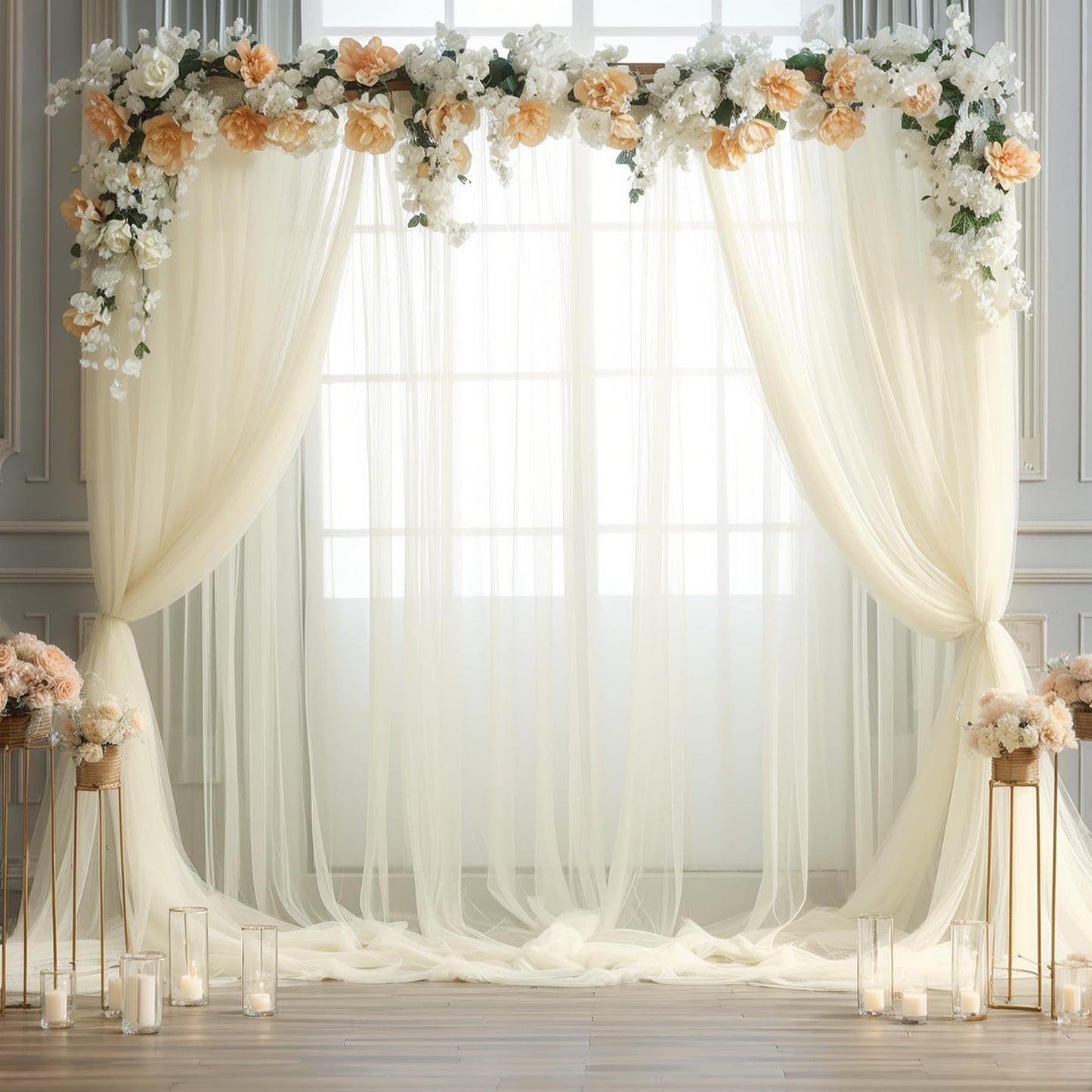 Champagne Tulle Backdrop Curtain for Parties Wedding 10ft×8ft Champagne Sheer Backdrop Curtains for Baby Shower Bridal Shower Reception Birthday Party Christmas Photoshoot Decorations 2 Panels