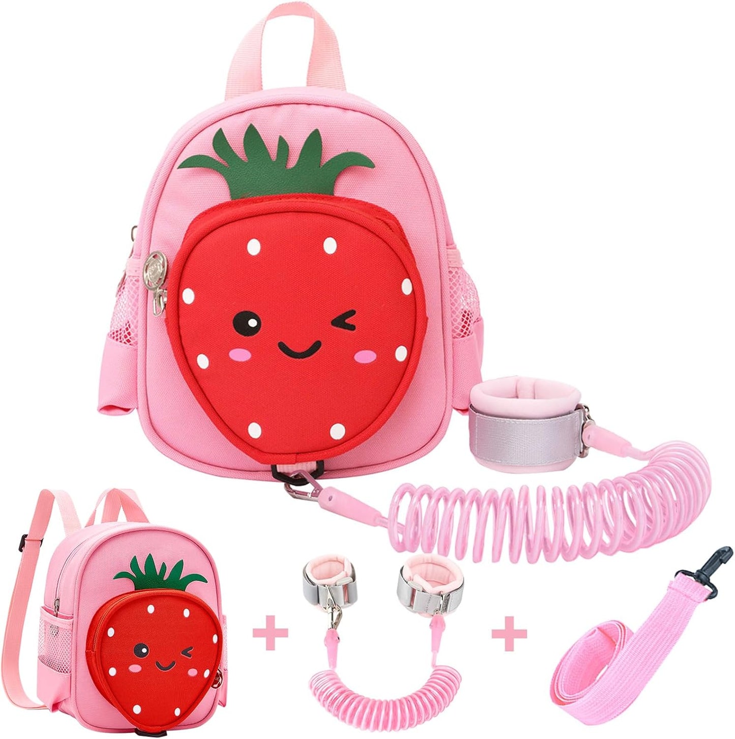 Toddler Backpack with Leash, Accmor 4 in 1 Kids Mini Backpacks with Anti Lost Wrist Link, Cute Child Harness Bag Rein for Outdoor, Strawberry Back Pack Rope Tether for Baby Girls Aged 1-3 Years (Pink)