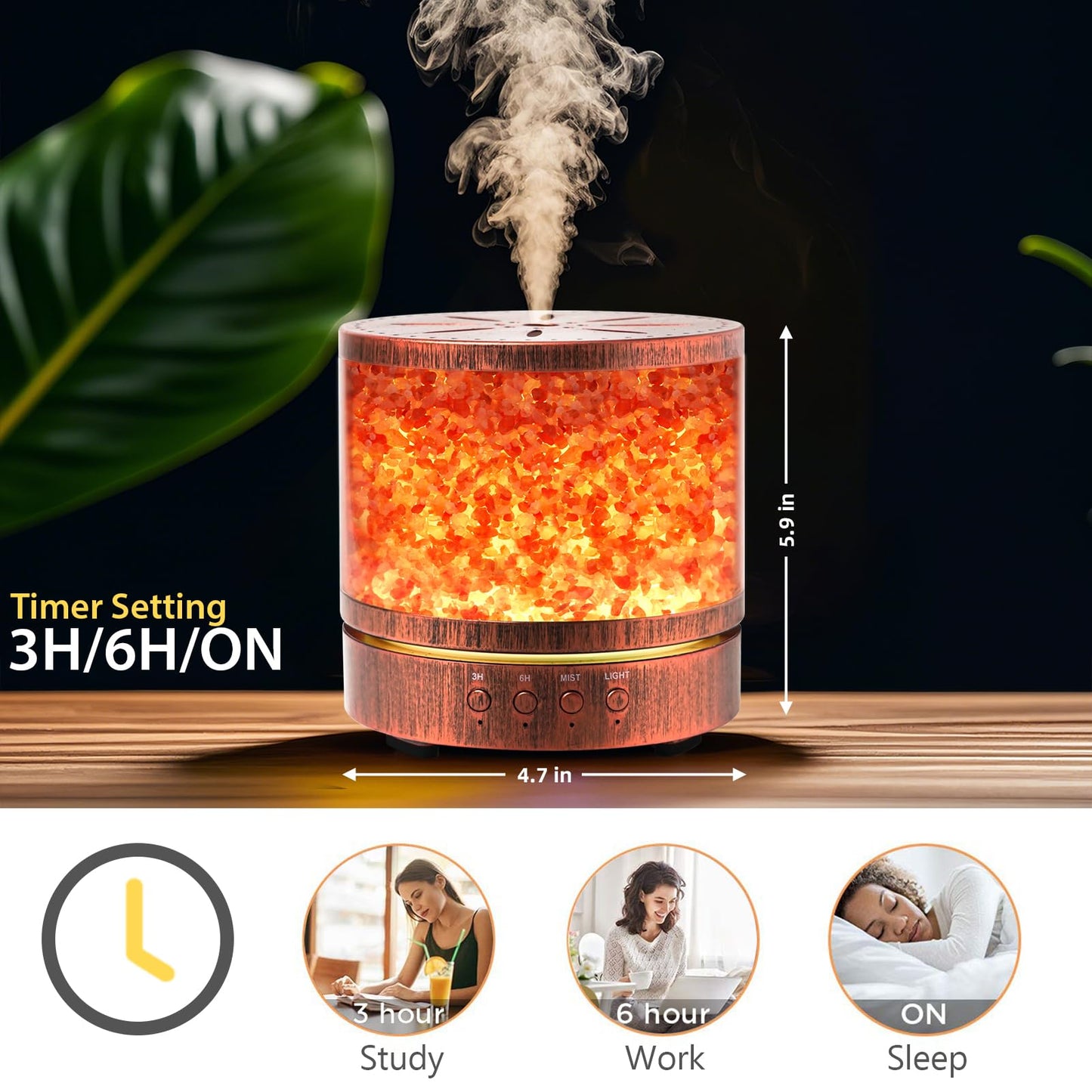 Essential Oil Diffuser Aromatherapy Diffuser - Himalayan Pink Salt Crystal Diffusers for Essential Oils with 7 Color Lights 2 Mist Mode, Reduce Noise Design for Baby Room, Yellow