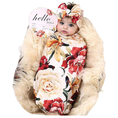 Galabloomer Newborn Receiving Blanket Headband Set Baby Flower Swaddle (vintage flower)