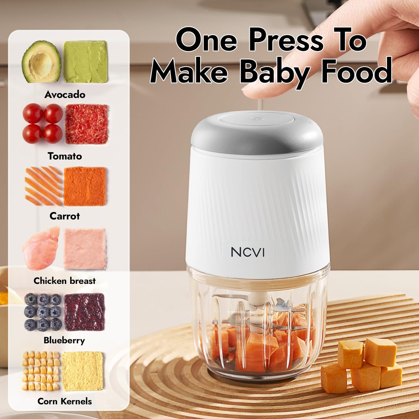 NCVI Puree Baby Food Processor Glass Set, Mini Infant Food Maker Blender Machine with 8 Blades and Grinding Disc, Small Blender for Baby Food Including Containers, Silicone Tray and Tableware