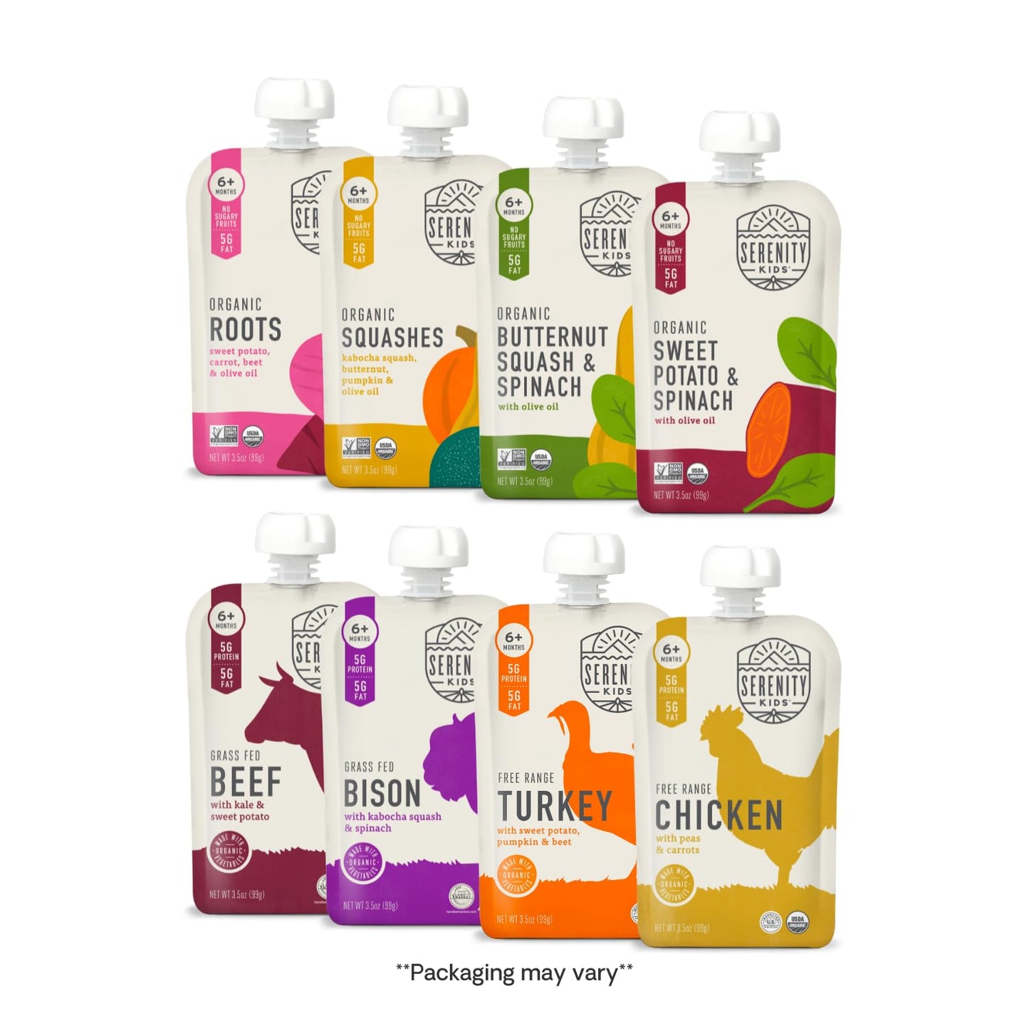 Serenity Kids 6+ Months Baby Food Pouches - Puree with Ethically Sourced Meat & Organic Veggies - 3.5 Ounce BPA-Free Pouch - Variety Pack, 8 Count - Baby Food Meat