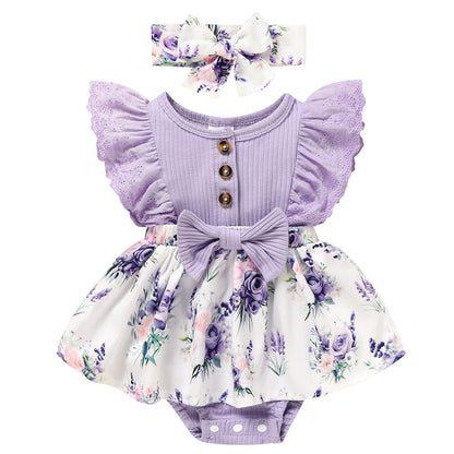 Sinhoon Baby Girl Clothes Newborn Ruffled Sleeveless Romper Floral Dreesy Bodysuit Heaedband 3pcs Baby Girl Summer Clothes